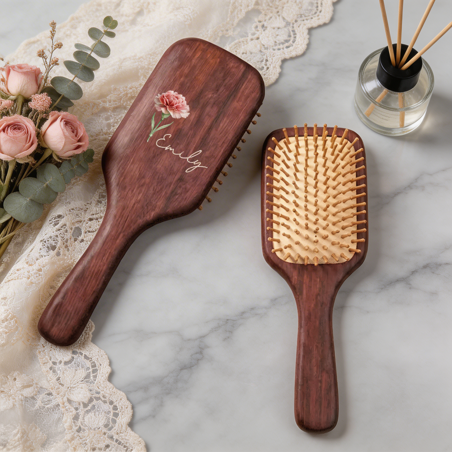 Personalized Wooden Hair Brush with Birth Flower and Name – “Bloom Where You're Planted” Gift for Her