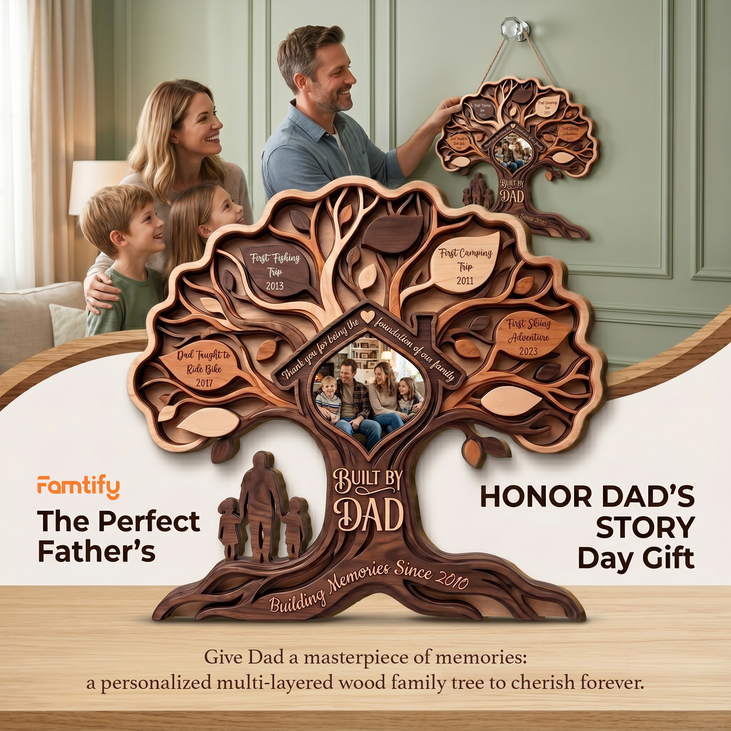 Personalized “Built by Dad” Wooden Sign – Family Tree Custom Photo Gift for Father’s Day