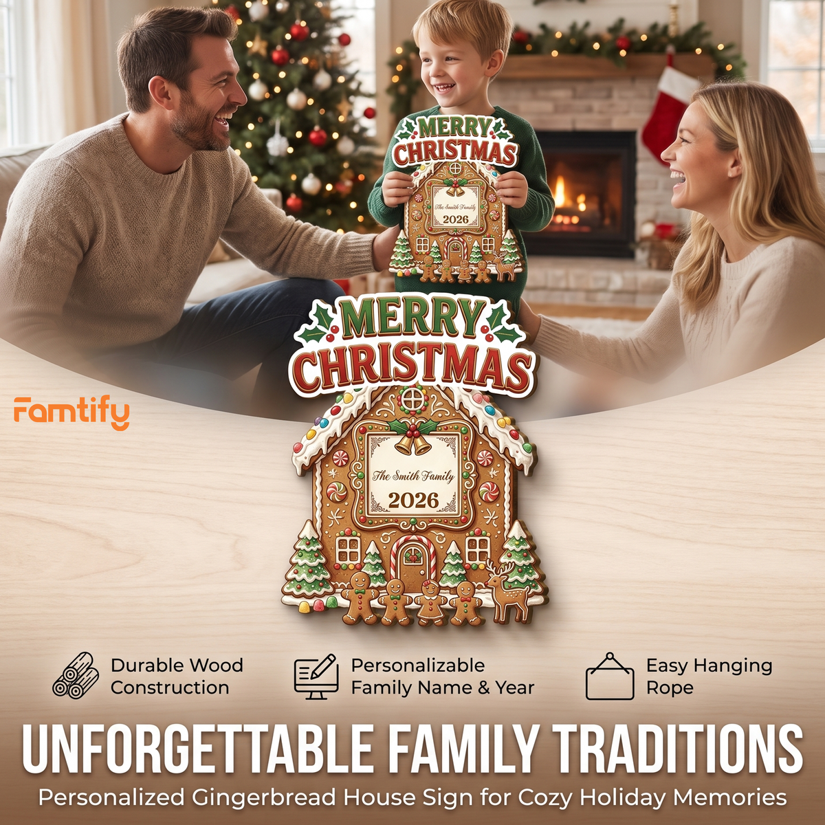 Personalized Gingerbread House Merry Christmas Custom Shape Wood Sign, Custom Family Name Year Gingerbread Family Reindeer Wooden Hanging Plaque, Festive Holiday Door & Wall Decor Family Gift