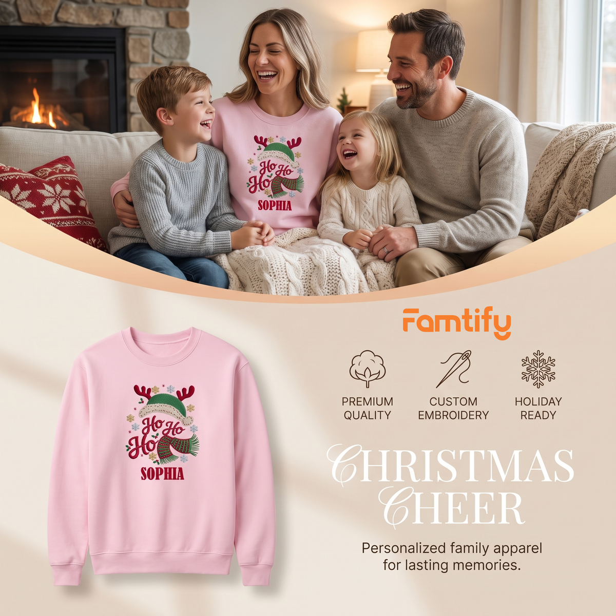 Personalized Ho Ho Ho Christmas Sweatshirt, Embroidered Reindeer Santa Hat & Scarf Christmas Pullover, Custom Name Holiday Gift