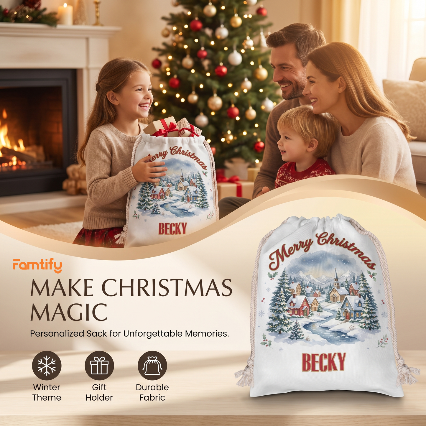 Personalized Merry Christmas Village Christmas Sack, Custom Name Santa Gift Bag