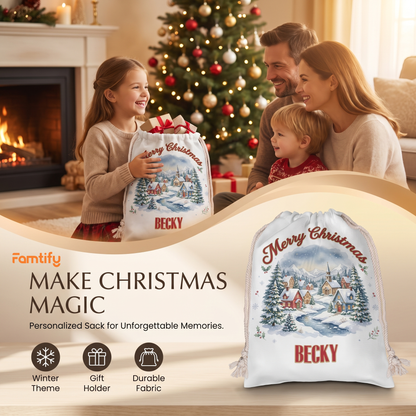 Personalized Merry Christmas Village Christmas Sack, Custom Name Santa Gift Bag
