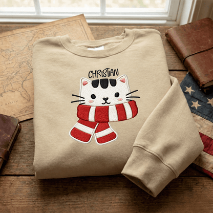Personalized Embroidered Christmas Scarf Cat Sweatshirt with Custom Name