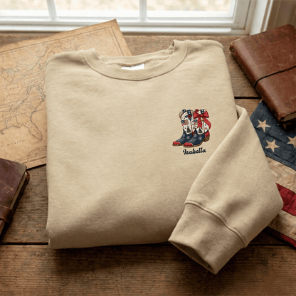 Personalized Patriotic Christmas Cowboy Boots Embroidered Sweatshirt | Custom Name Holiday Crewneck Gift