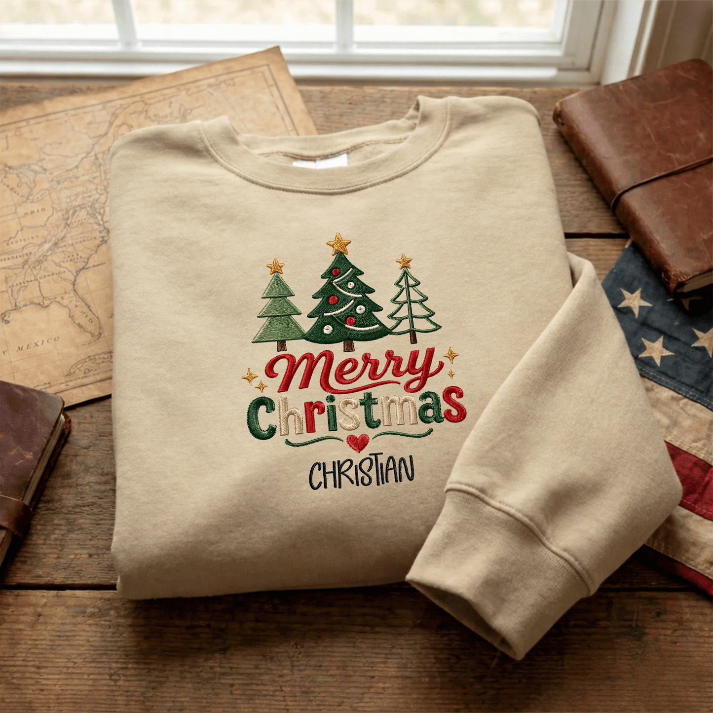 Personalized Embroidered Cute Three Christmas Trees Sweatshirt with Custom Name
