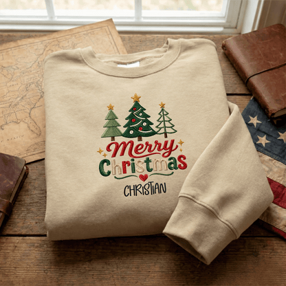 Personalized Embroidered Cute Three Christmas Trees Sweatshirt with Custom Name