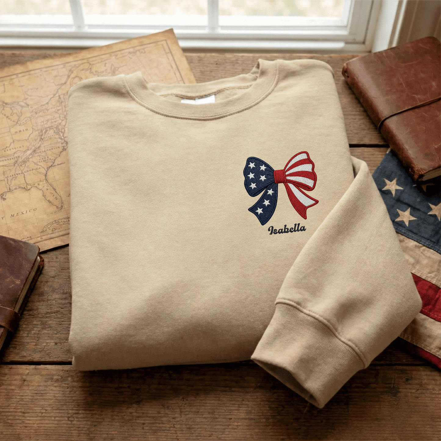 Personalized Christmas American Flag Bow Embroidered Sweatshirt, Custom Name Holiday Crewneck, Patriotic Xmas Gift for Women