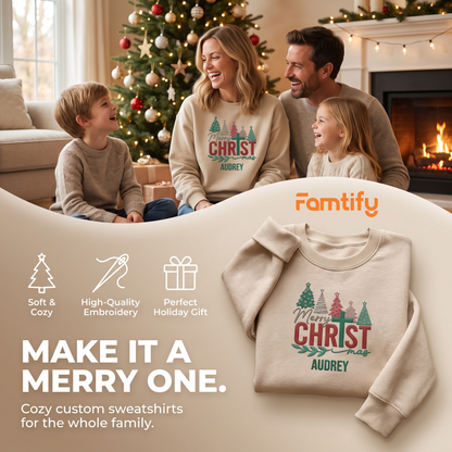 Merry Christmas Embroidered Sweatshirt, Christmas Tree Holiday Pullover