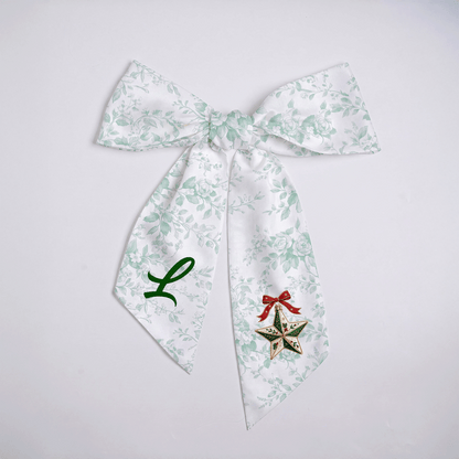 Custom Letter Christmas Star Embroidered Linen Wreath Sash, Personalized Monogram Holiday Bow Sash for Door Decor