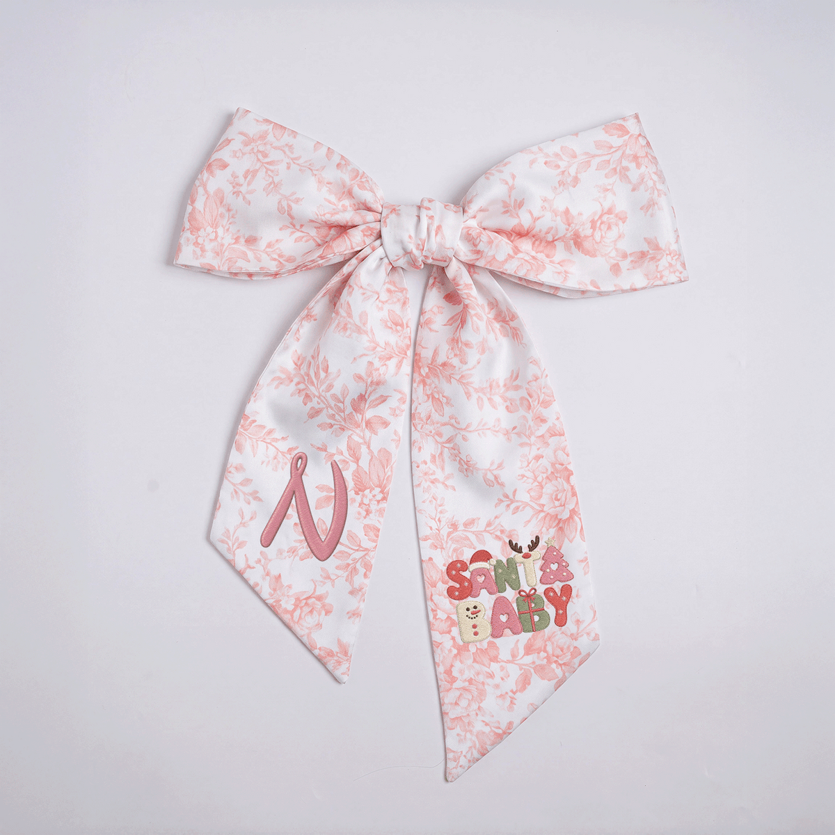 Custom Monogram Santa Baby Embroidered Linen Door Wreath Sash, Personalized Initial Retro Typography Reindeer Pink Tree Holiday Wreath Sash & Front Door Decor