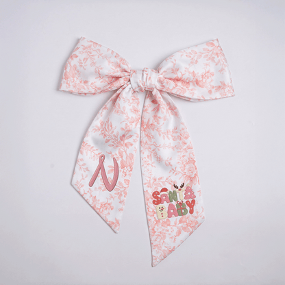 Custom Monogram Santa Baby Embroidered Linen Door Wreath Sash, Personalized Initial Retro Typography Reindeer Pink Tree Holiday Wreath Sash & Front Door Decor