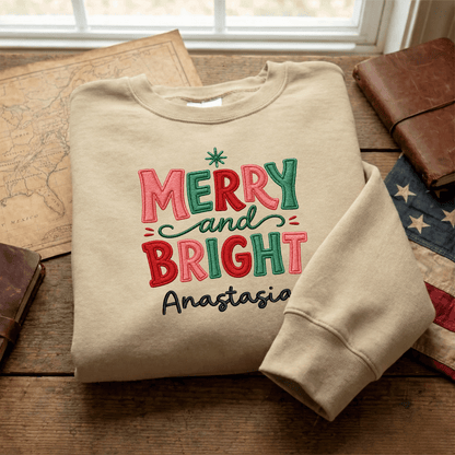 Personalized Embroidered Merry & Bright Holly Berries Sweatshirt with Custom Name