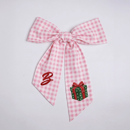 Custom Letter Red Bow Green Gift Box Embroidered Linen Wreath Sash, Personalized Monogram Holiday Bow Sash for Door Decor