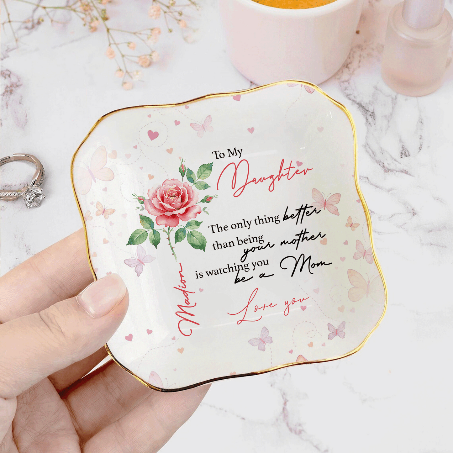 Personalized Ceramic Jewelry Dish - Custom Name Trinket Tray for Daughter, Mother's Day Gift