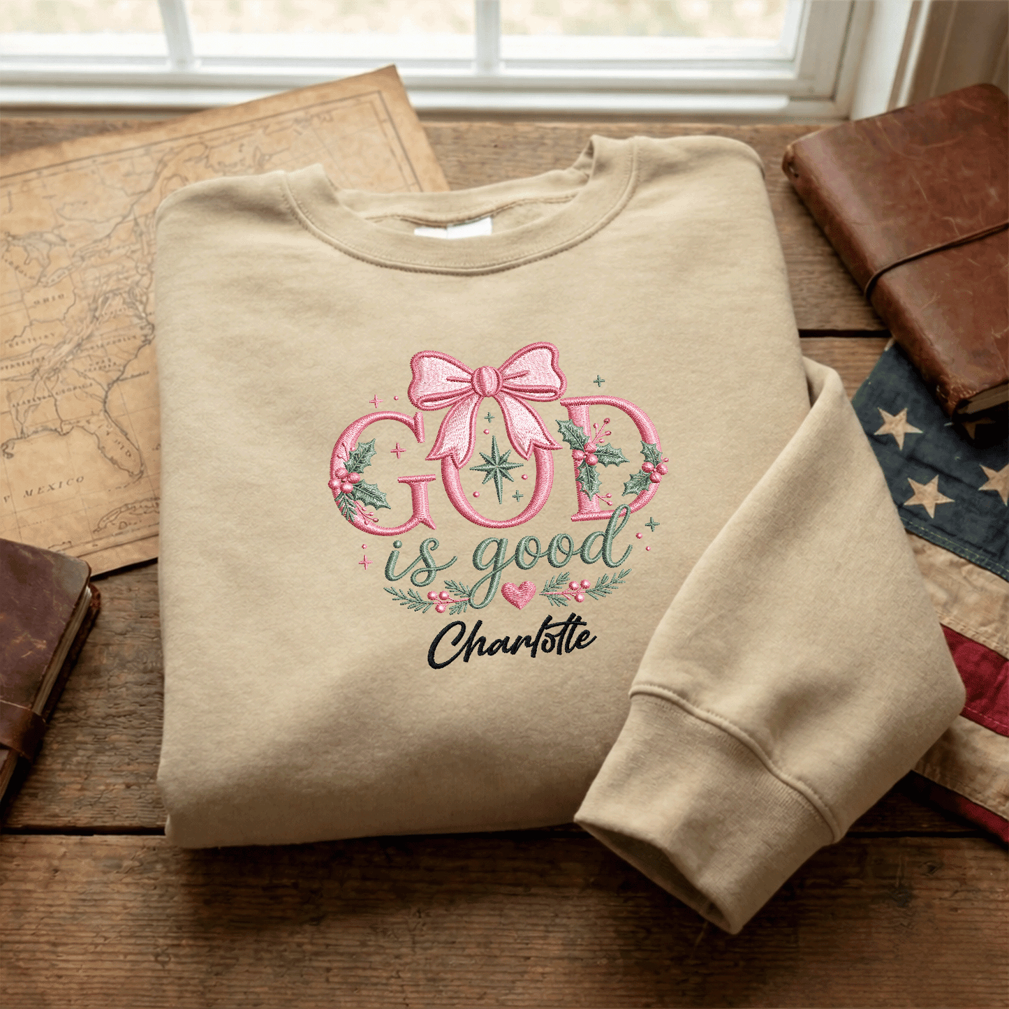 Personalized Embroidered Christmas Floral Sweatshirt with Custom Name