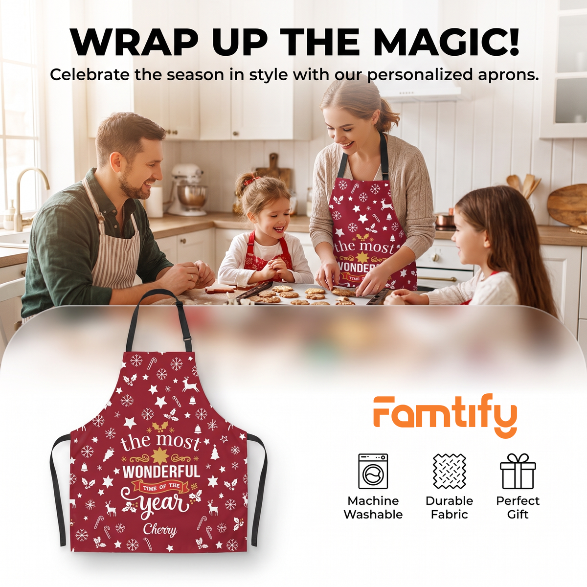 Personalized The Most Wonderful Time of the Year Christmas Apron with Custom Name, Festive Christmas Pattern Baking Apron, Holiday Kitchen Gift for Family