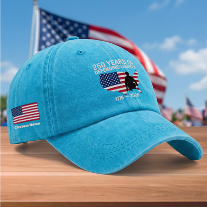 250 Years of Defending Liberty 1776-2026 Embroidered Washed Denim Baseball Cap – Custom Name Patriotic USA Military Anniversary Hat