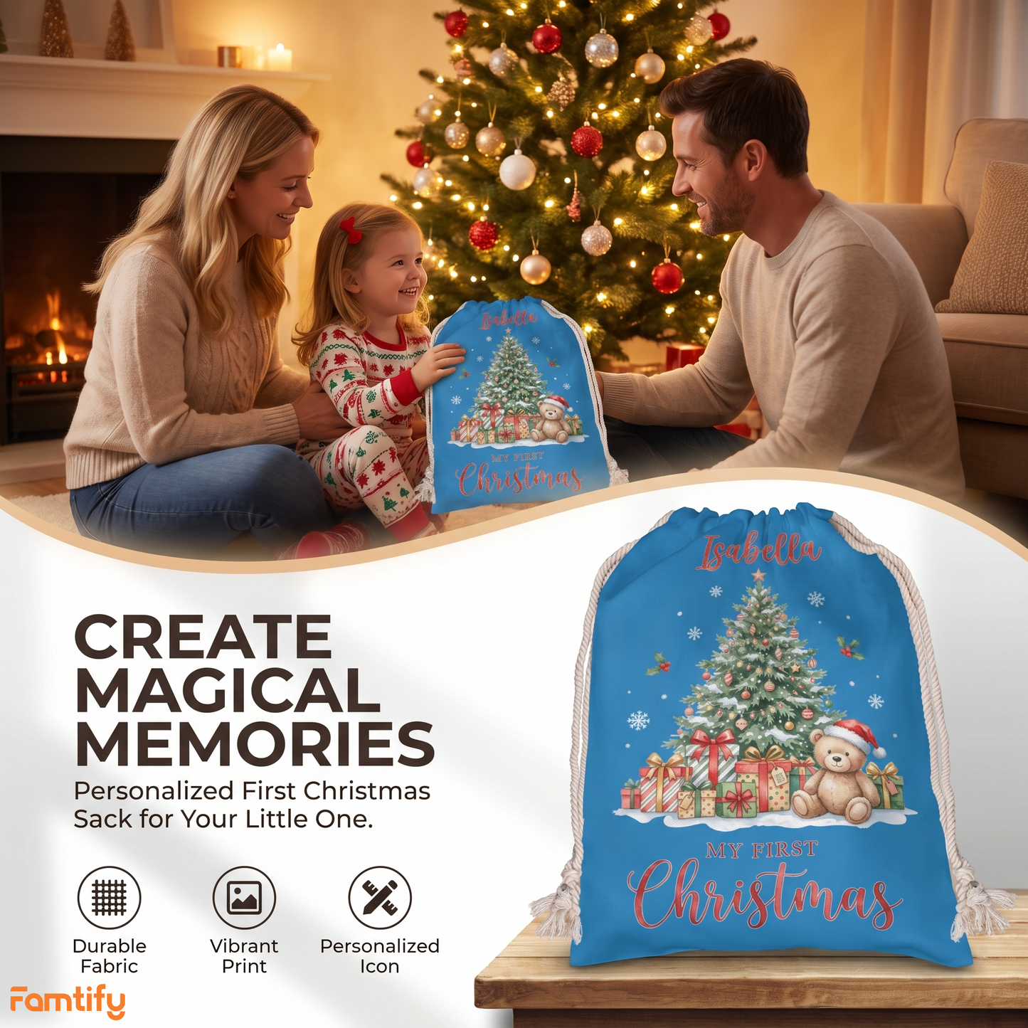 Personalized Blue Christmas Tree Christmas Sack with Custom Name