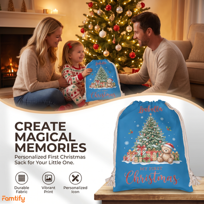 Personalized Blue Christmas Tree Christmas Sack with Custom Name