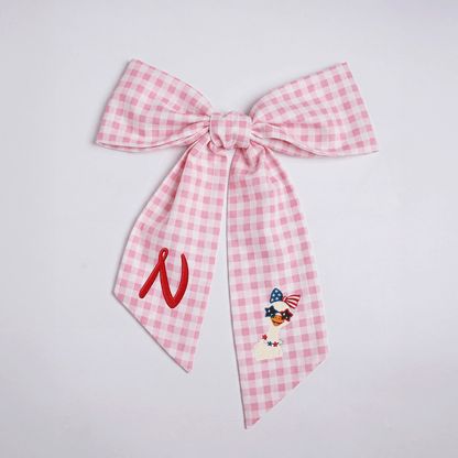 Custom Monogram Patriotic Goose Embroidered Linen Door Wreath Sash, Personalized Initial Bow Goose Gingham Holiday Wreath Sash & Front Door Decor