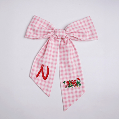 Custom Monogram Mama Embroidered Linen Door Wreath Sash, Personalized Initial Christmas Tree Lights Santa Hat Typography Holiday Wreath Sash & Front Door Decor