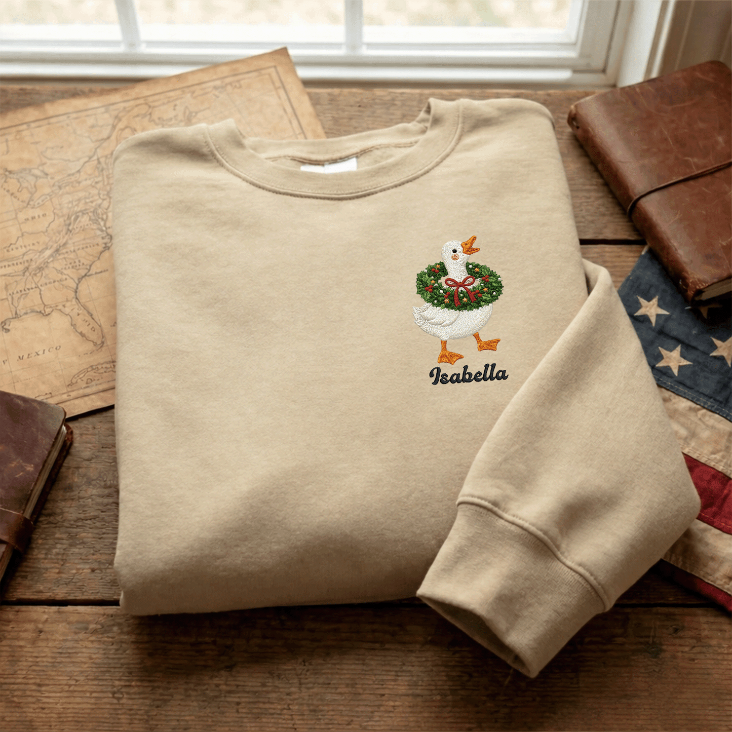 Personalized Embroidered Goose with Christmas Wreath Sweatshirt with Custom Name