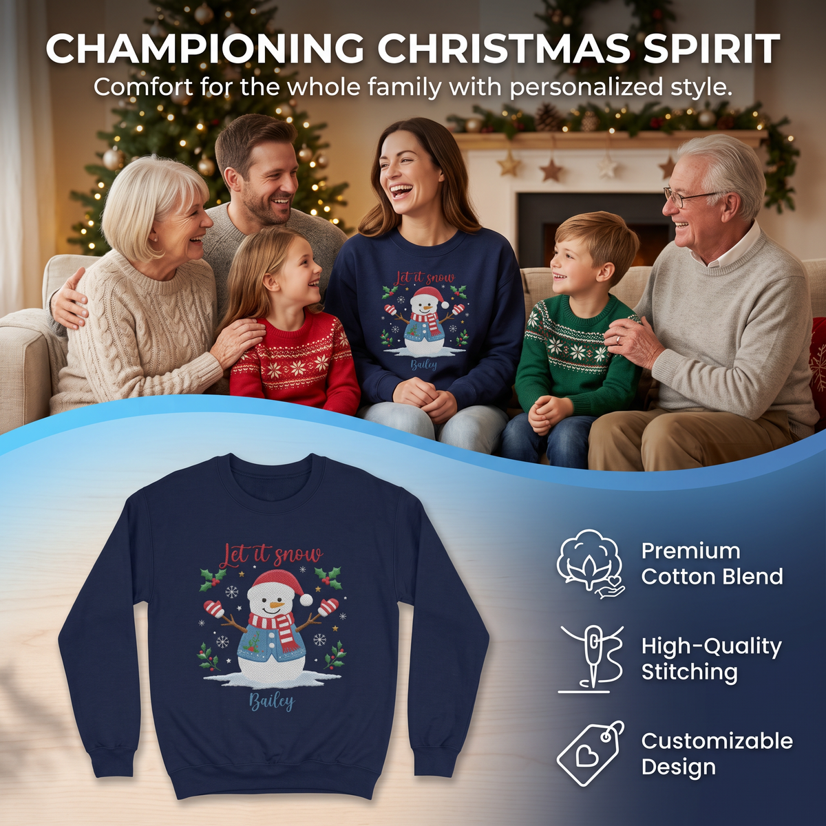 Championing Christmas Spirit banner with three generations and the snowman name sweatshirt