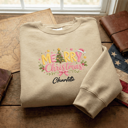 Personalized Embroidered Merry Christmas Typography Sweatshirt with Custom Name