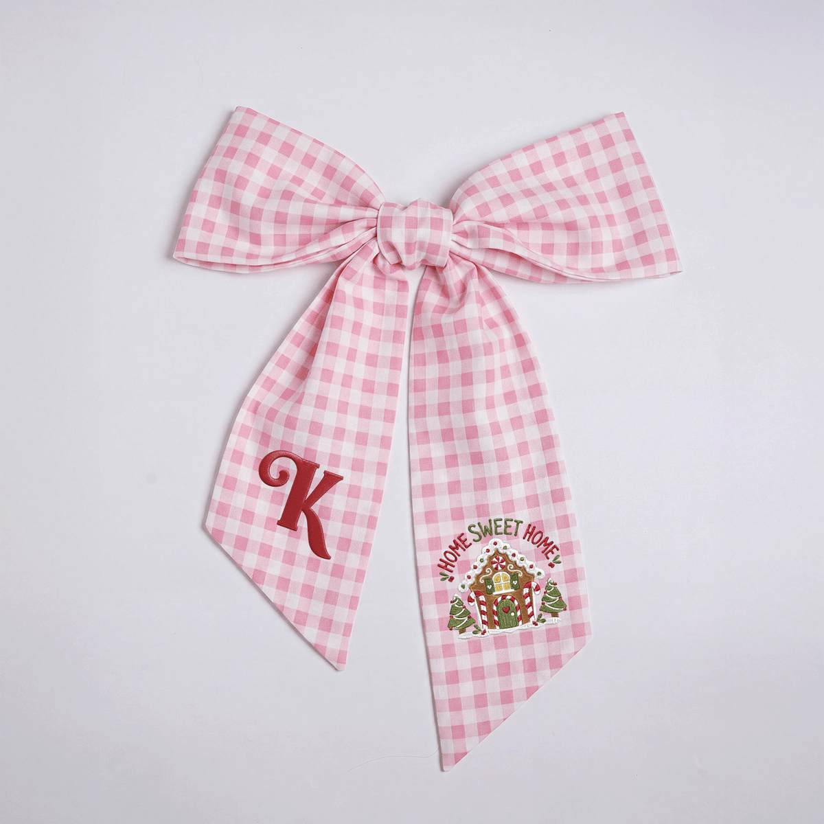 Custom Letter Gingerbread House Home Sweet Home Embroidered Linen Wreath Sash, Personalized Monogram Holiday Bow Sash for Door Decor