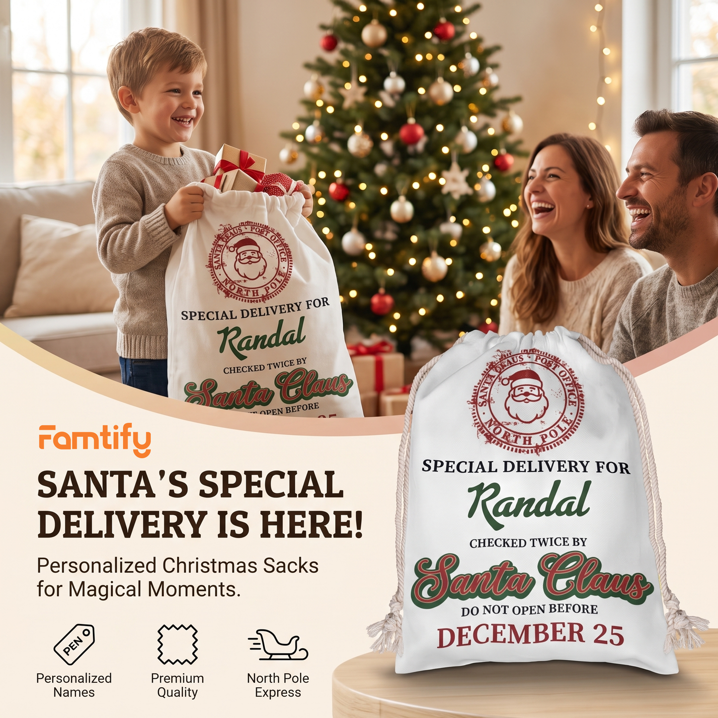 Personalized Special Delivery Checked Twice by Santa Claus Christmas Sack with Custom Name