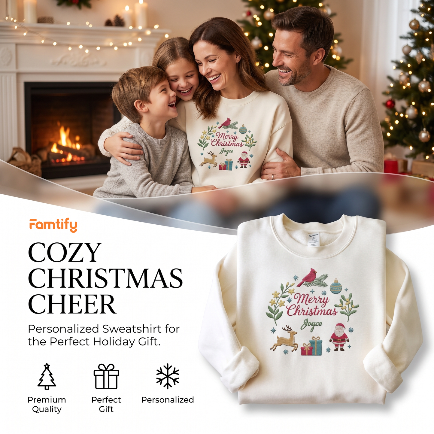 Personalized Embroidered Merry Christmas Holiday Icons Sweatshirt with Custom Name