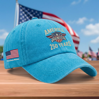 America 250th Anniversary 1776-2026 Embroidered Baseball Cap – Custom Name Patriotic USA Washed Denim Hat