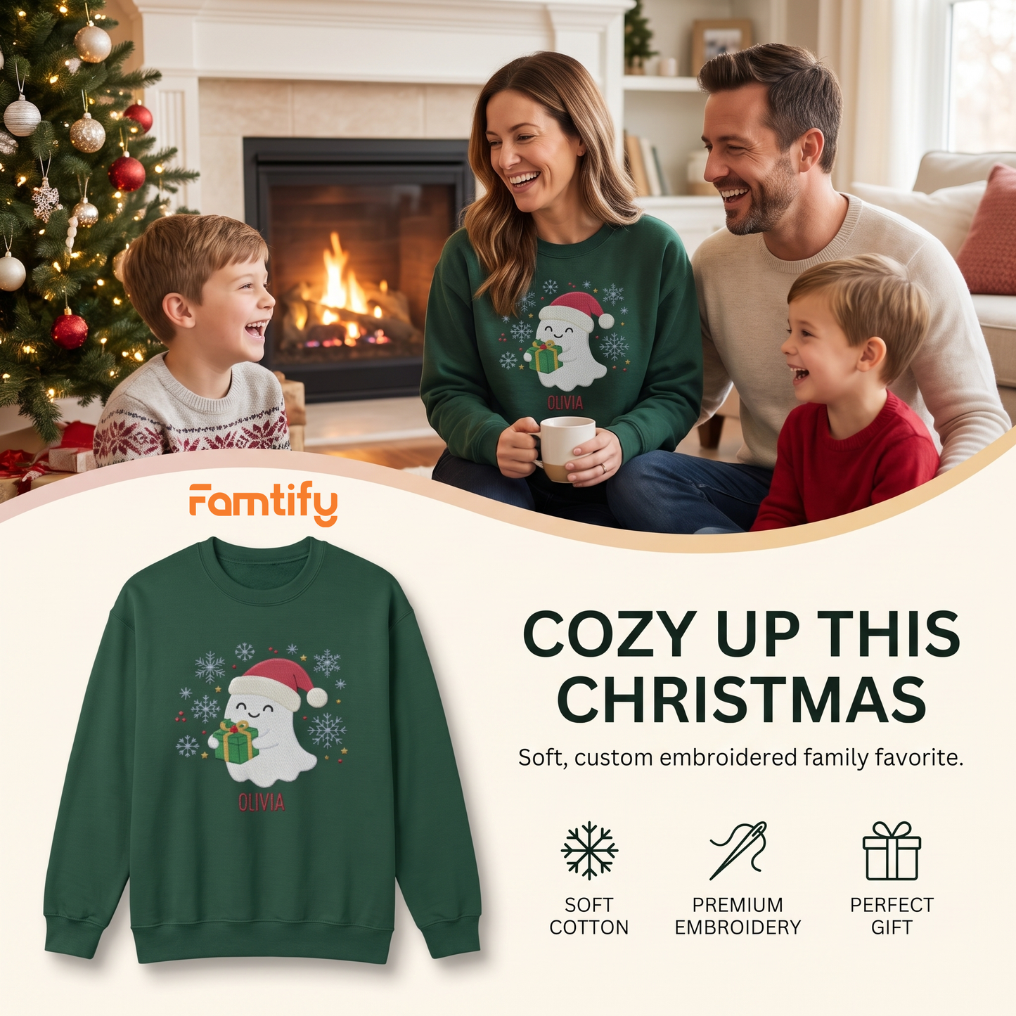 Personalized Cute Christmas Ghost Embroidered Sweatshirt | Custom Name Holiday Crewneck Gift