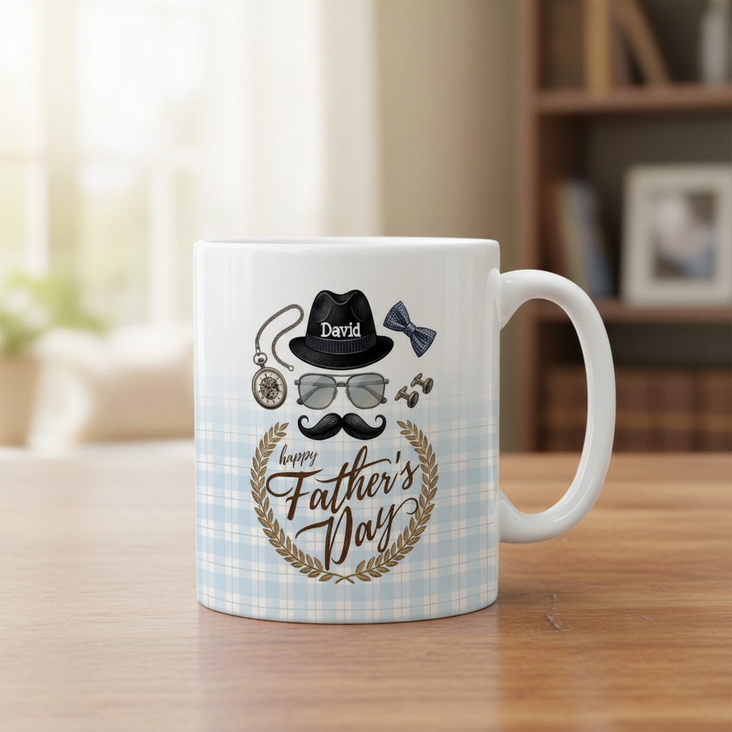Personalized Happy Father’s Day Mug – Custom Name Ceramic Coffee Cup, Vintage Style Gift for Dad