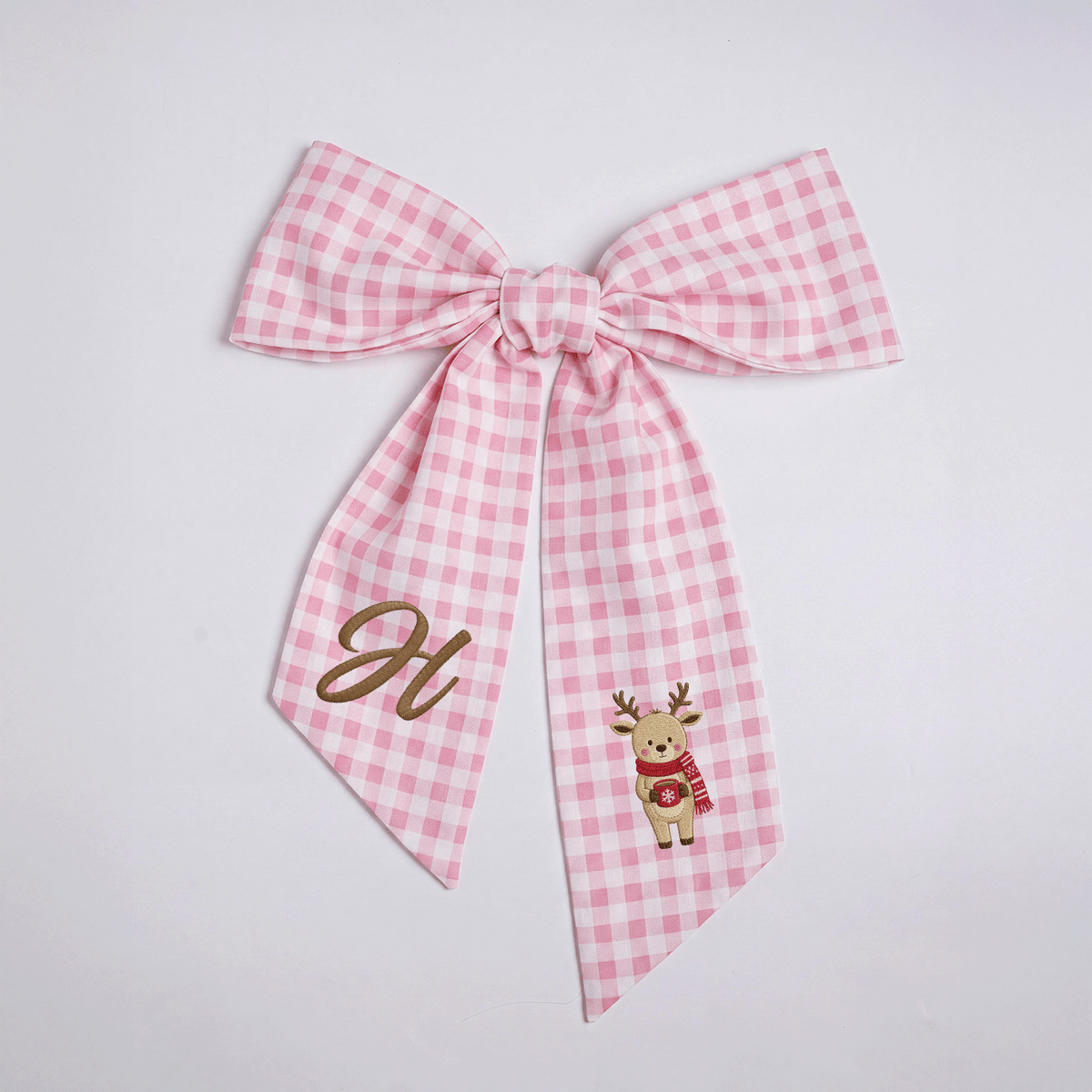 Custom Letter Christmas Reindeer Embroidered Linen Wreath Sash, Personalized Monogram Holiday Bow Sash for Door Decor
