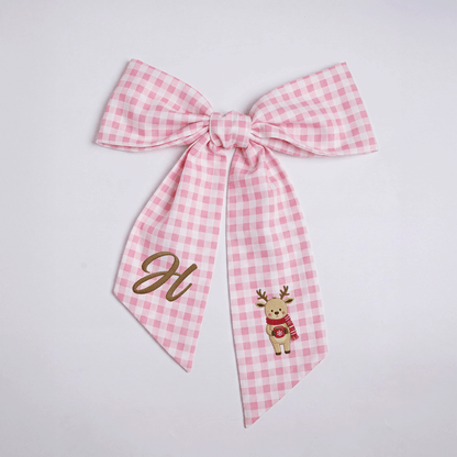 Custom Letter Christmas Reindeer Embroidered Linen Wreath Sash, Personalized Monogram Holiday Bow Sash for Door Decor