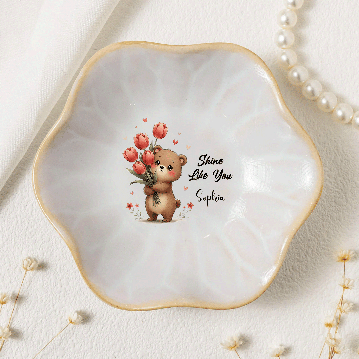 Custom Message Birth Flower Trinket Dish – Personalized Name Center Keepsake for Mom or Grandma