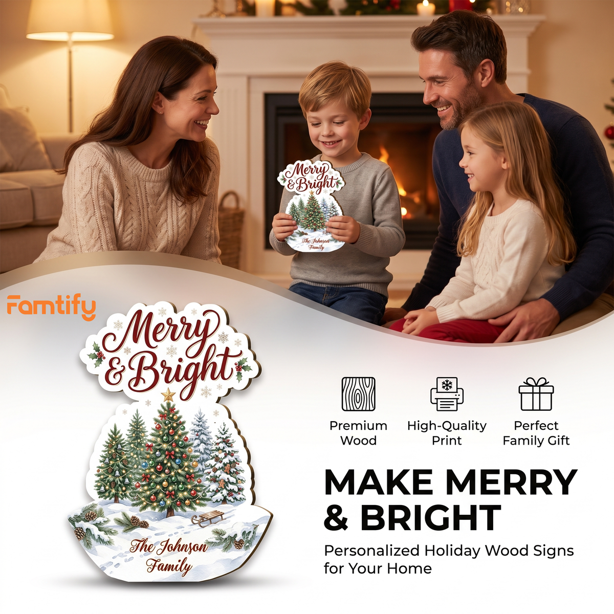 Personalized Christmas Trees Custom Shape Wood Sign, Custom Family Name Merry & Bright Winter Snowy Trees Wooden Hanging Plaque, Festive Holiday Door & Wall Decor Family Gift