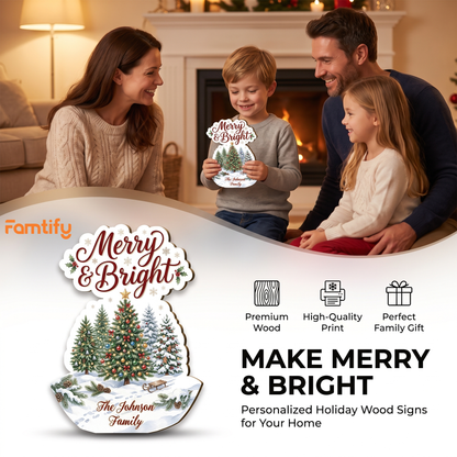 Personalized Christmas Trees Custom Shape Wood Sign, Custom Family Name Merry & Bright Winter Snowy Trees Wooden Hanging Plaque, Festive Holiday Door & Wall Decor Family Gift