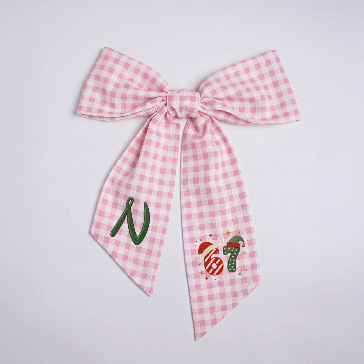 Custom Monogram Christmas 67 Santa Elf Hat Embroidered Linen Door Wreath Sash, Personalized Wreath Sash & Front Door Decor