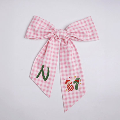 Custom Monogram Christmas 67 Santa Elf Hat Embroidered Linen Door Wreath Sash, Personalized Wreath Sash & Front Door Decor