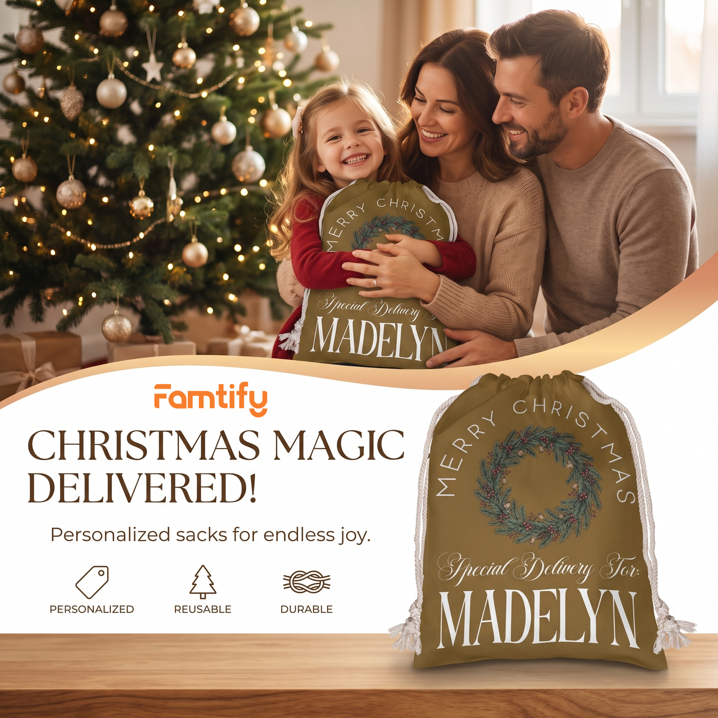 Personalized Merry Christmas Wreath Christmas Sack with Custom Name