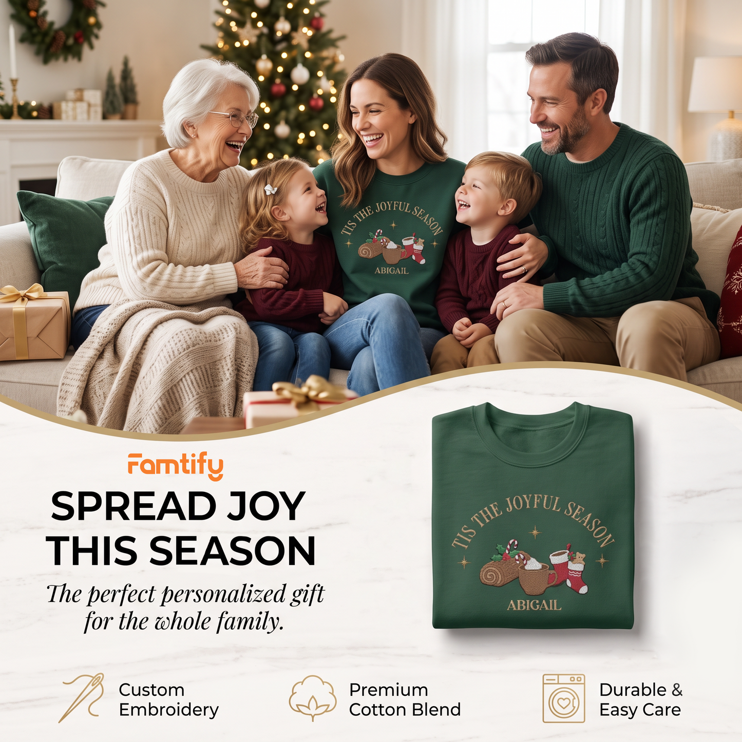 Personalized Joyful Season Embroidered Sweatshirt | Custom Name Christmas Holiday Crewneck Gift
