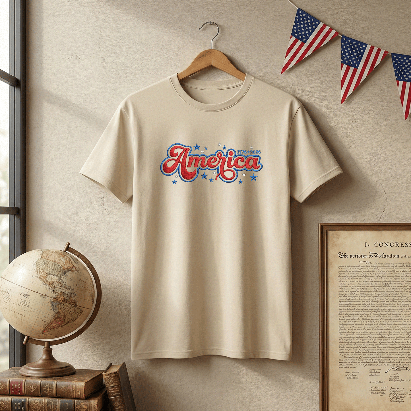 USA 250 Freedom - Embroidered T-Shirt 1776-2026 Patriotic Design