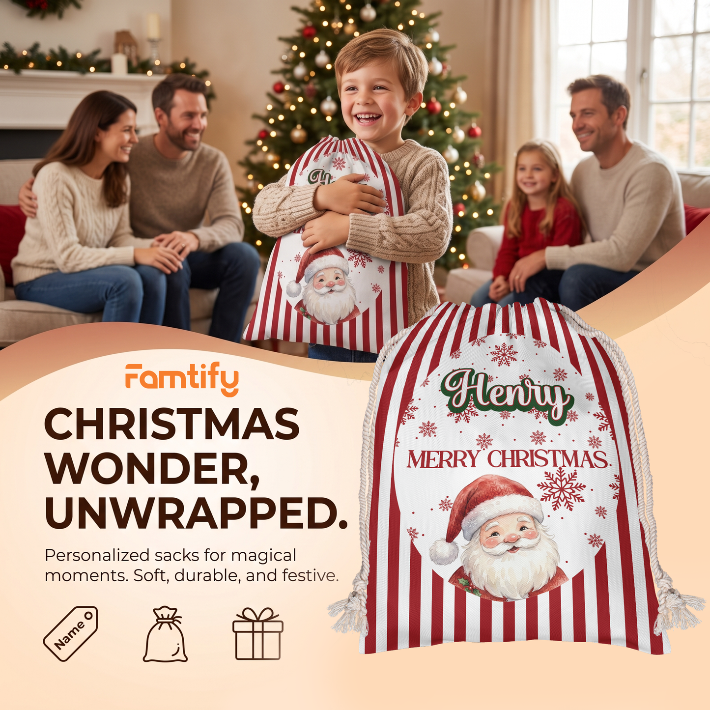 Personalized Cute Santa Pattern Christmas Sack with Custom Name