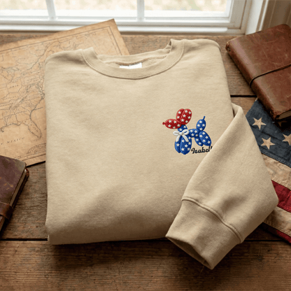 Personalized Patriotic Balloon Dog Embroidered Sweatshirt | Custom Name American Flag Crewneck Gift