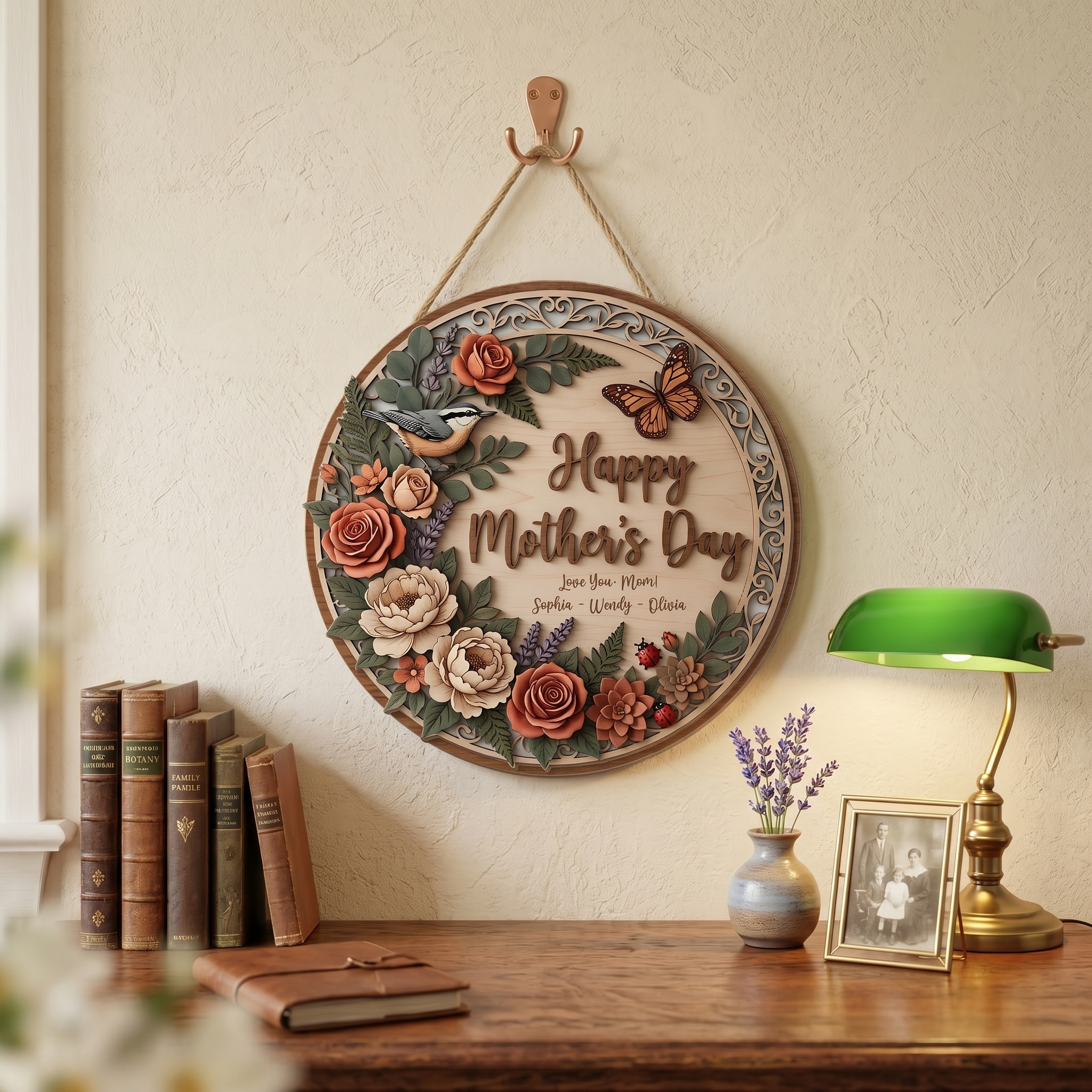Purple Floral Mason Jar – Happy Mother’s Day Personalized Door Hanger – Gift for Mom Front Door Decor
