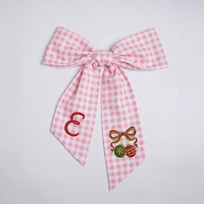 Custom Monogram Christmas Ornaments Embroidered Linen Door Wreath Sash, Personalized Initial Red Green Baubles Ribbon Holiday Wreath Sash & Front Door Decor