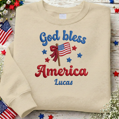 God Bless America - Patriotic USA Flag Sweater Design | Independence Day Embroidered Sweatshirt Graphic