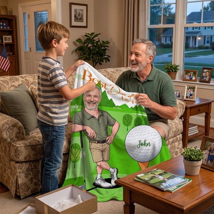 Custom Face Golf Dad Blanket – “Best Dad By Par” Personalized Photo Fleece Throw | Father’s Day Gift for Dad
